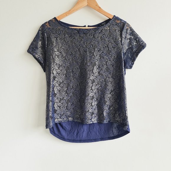 Papaya Tops - Papaya Navy Gold Floral Short Sleeve Top UK 14 Back Zip